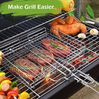 DOUBLE TWO - Stainless Steel Grill Basket, Grilling Baskets for Outdoor Grill, for Meat, Fish, Vegetable, BBQ Accessory, With Height Adjustable Cover & Detachable Handle, Easy to use, 1Pcs