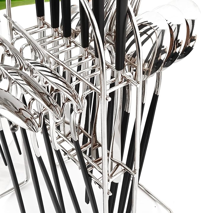 Black Silver 24Pcs Flatware Set With Stand, Lightweight Dinnerware Set Stainless Steel Cutlery With Black handles For Home Kitchen Wedding Party And Daily Use,Service For 6, Mirror Polish