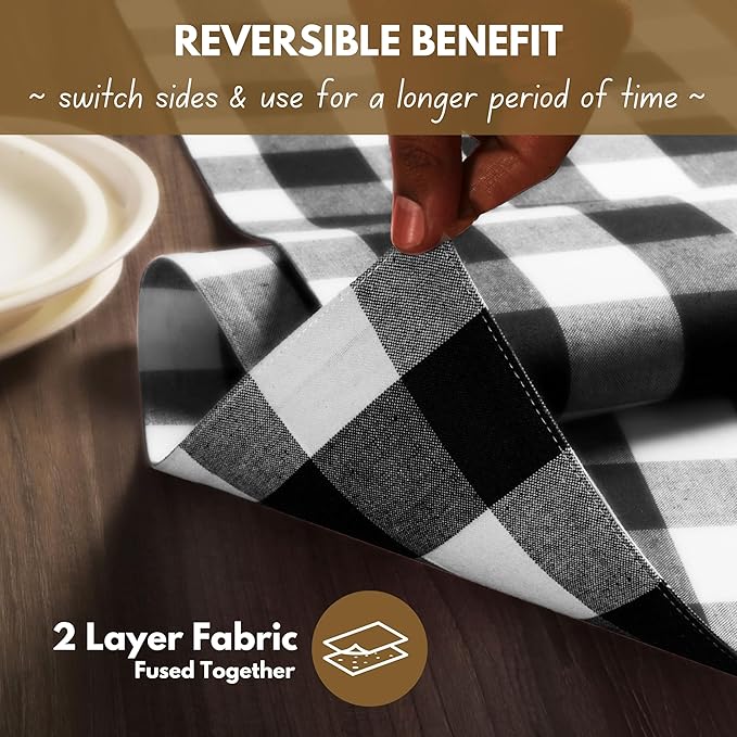 Native Fab Table Runner Buffalo Check Plaid 100% Cotton - 13x72 Inches Kitchen Dining Table Decoration for Indoor Outdoor Farmhouse Home Party Decor - Black and White