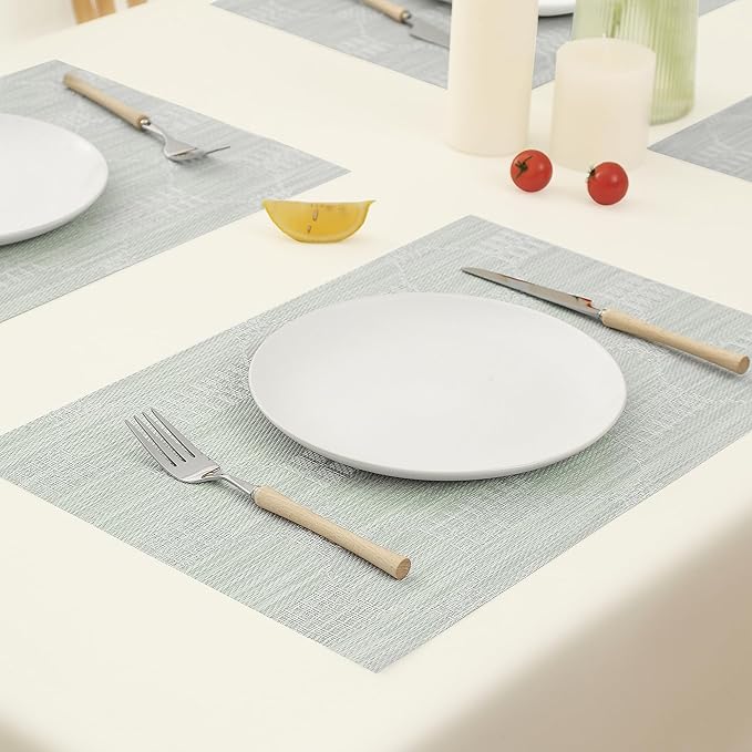 Leetaltree Mint Cream Placemats Set of 6 - Heat Resistant Non-Slip Place mats for Dining Table, Washable Durable PVC Vinyl Woven Table Mats（Mint Cream, 6）