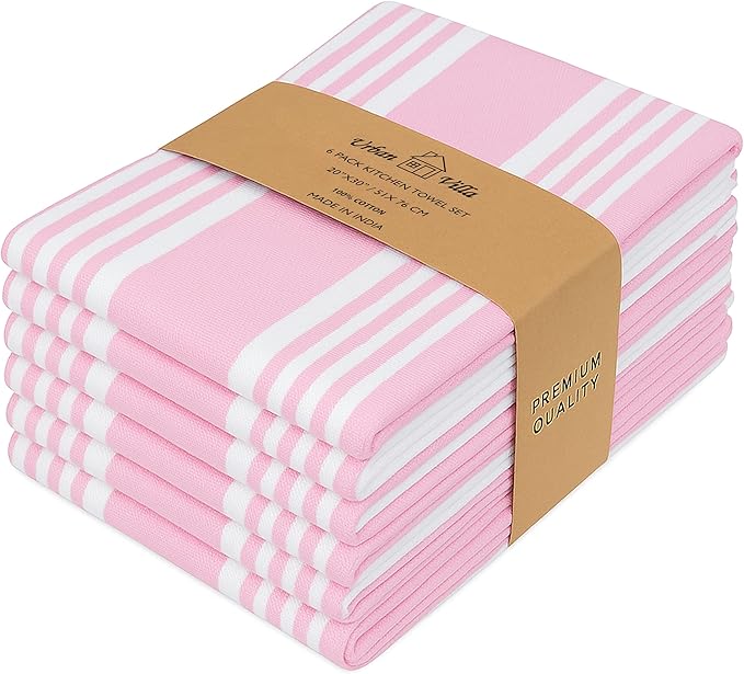 Urban Villa Kitchen Towels 100% Cotton Pack of 6, Highly Absorbent Quick Drying Super Soft Premium Dish Towels for Kitchen with Hanging Loop Hand & Tea Towels - 20x30 Inch, (Pink & White, Striped)