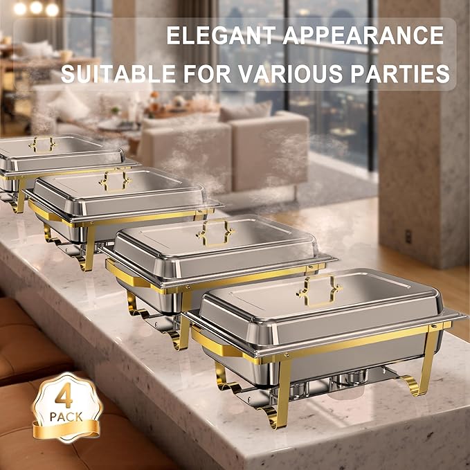 Chafing Dishes for Buffet 4 Pack, 11QT [Large Size and Sturdy] Stainless Steel Food Warmers for Parties Buffet [Elegant Gold and Silver Colors] Catering Supplies Buffet Display
