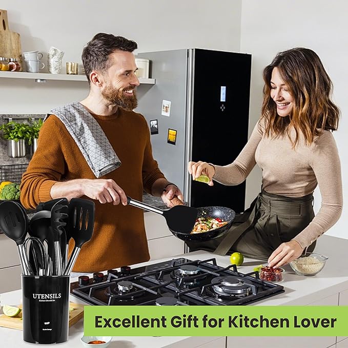 Large Cooking Utensils Set, 35 Pcs Kitchen Utensils Set with Holder, Silicone Spatula Set with Stainless Steel Handle, Whisk, Basting Brush, Kitchen Gadgets for Nonstick Cookware (Black)