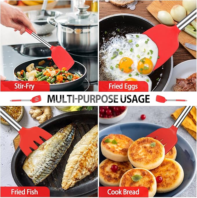 Pack of 4 Large Silicone Cooking Spatulas and Spoons, Slotted and Solid Stainless Steel Cooking Utensils Set, Non-stick Heat Resistant Kitchen for Baking, Fried, Stir-Fry, Mixing, Serving (Red)