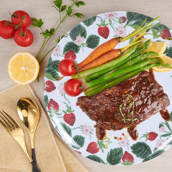 6-Pack Melamine Dinner Plates - 10 Inch Lightweight, Durable & Unbreakable Round Plates for Indoor/Outdoor Use - Strawberry