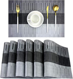 PIGCHCY Placemats,Washable Durable Woven Vinyl Placemats for Dining Table,Easy to Clean Plastic Placemats Set of 6 (Black)