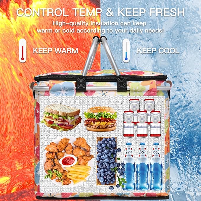 Insulated Picnic Basket,40L Leak-Proof Cooler Bag,Grocery Basket with Lid,2 Sturdy Handles,Storage Basket for Picnic, Picnic Basket for 4 Persons (Flower)