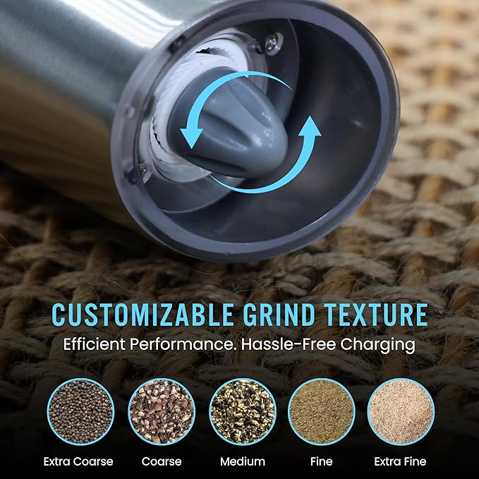 My Chef Tools - Electric Salt and Pepper Grinder Set - Rechargeable Automatic Salt Pepper Mill - USB C Charging - LED Light Illumination - Adjustable Coarseness - 2 Pack Silver