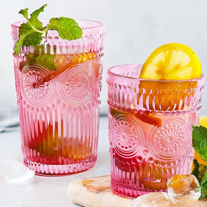12pcs Vintage Drinking Glasses Set, 12 oz Highball Glasses & 9 oz Embossed Ribbed Glassware Cups for Cocktail, Water, Juice, Coffee, Whiskey (Pink)