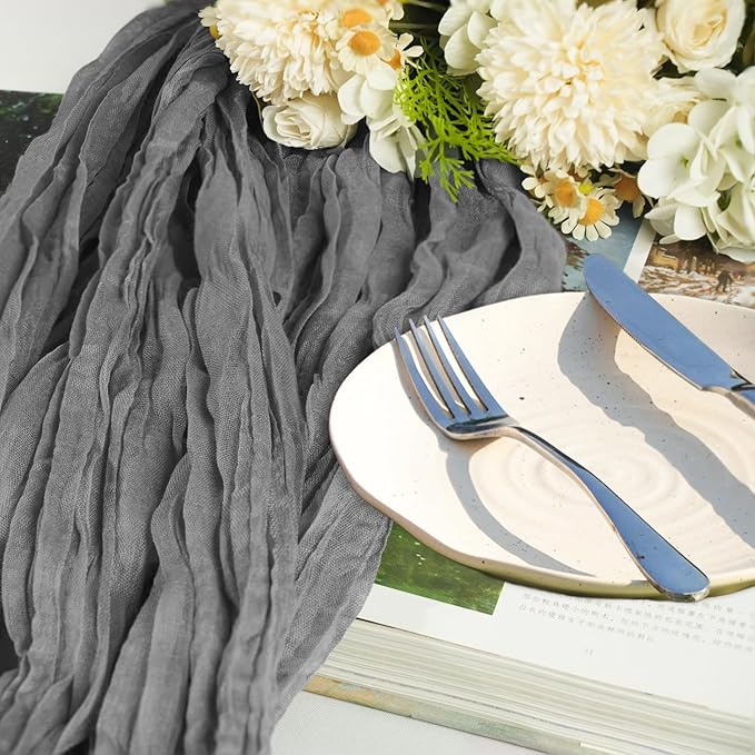 12 Pack Gery Cheesecloth Table Runner 10ft Boho Gauze Cheese Cloth Table Runner Rustic Sheer Runner 120 inch Long for Christmas Wedding Table Decorations