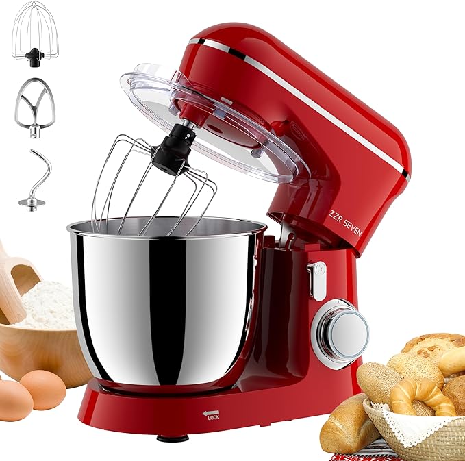 Stand Mixer, 5.5 Quart, 10 Speed Tilt-Head Food Mixer, Kitchen Electric Mixer with SS Bowl, Copper Motor, Beater, Dough Hook, SS Egg Whisk (450W Red)
