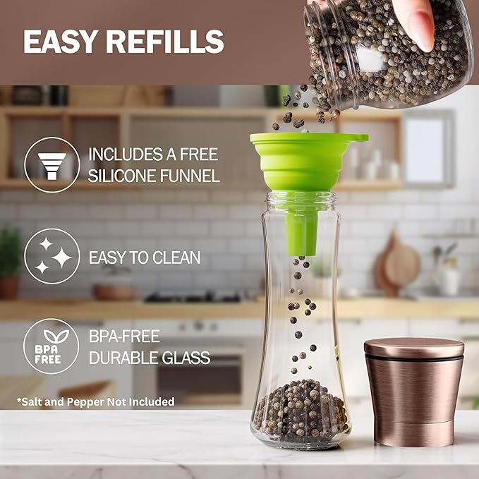 Home EC Original Copper Salt and Pepper Grinder Set of 2 - Adjustable Ceramic Grinder - Tall Glass Salt and Pepper Shakers With Funnel and Ebook - Kitchen Spice Mill - Copper Kitchen Accessories