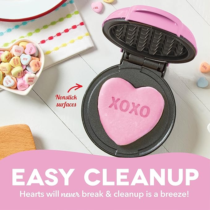 DASH x Sweethearts® Mini Waffle Maker - 4” Waffle, Heart Shaped Waffle, Nonstick Waffle Iron with Quick Heat-Up, Perfect Mini Waffle Maker for Kids and Families, Valentines Day - XOXO (Pink)