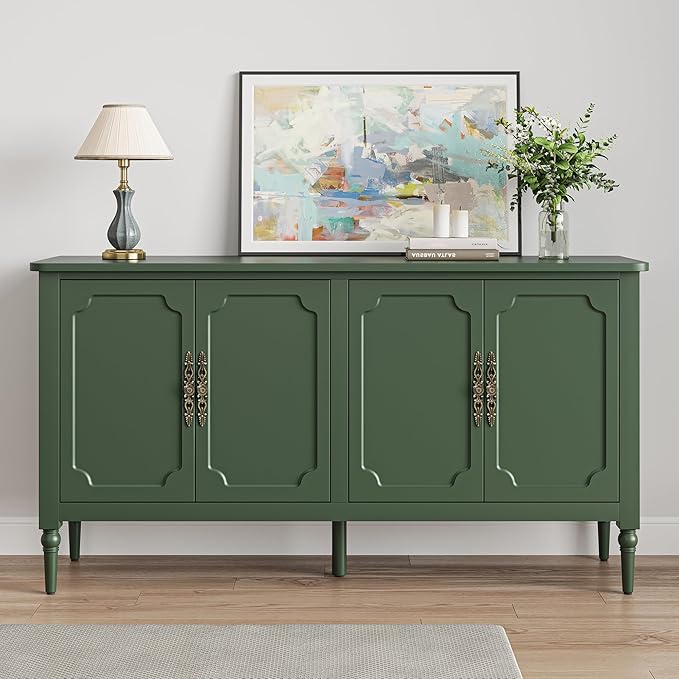 Console Cabinet, 58'' Mid Century Modern Pantry Cabinet, Wood Buffet Cabinet, Media Cabinet with 4 Doors, for Entryway, Living Room, Bedroom, Dining Room (Green)