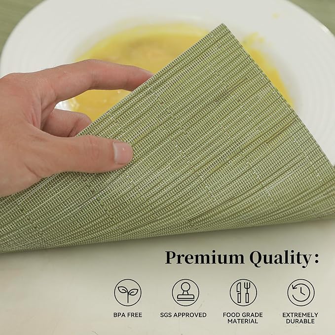 Leetaltree Pea Green Placemats Set of 4 - Heat Resistant Non-Slip Place mats for Dining Table, Washable Durable PVC Vinyl Woven Table Mats（Pea Green, 4）
