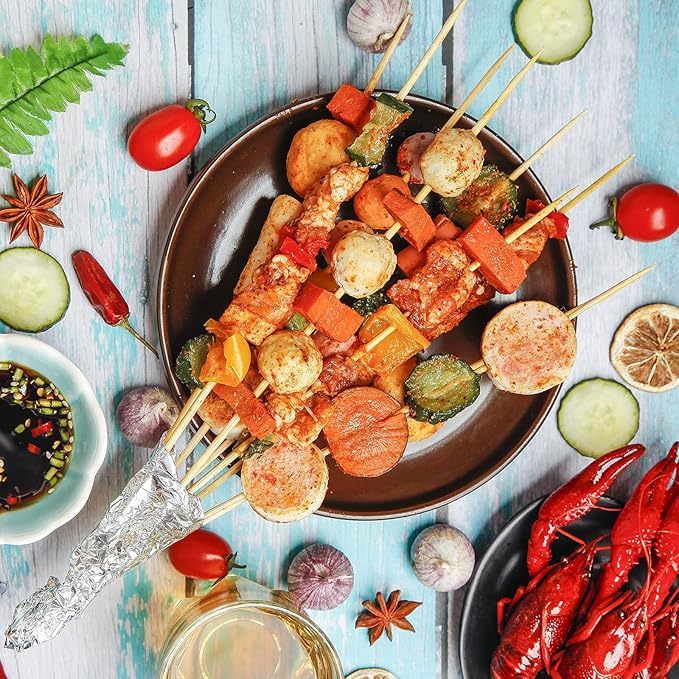 HANSGO 8Inch Natural Bamboo Skewers, with 5PCS Food Prep Gloves, 100PCS Wooden Skewers for Appetizers, Fruit, Kabobs, Grilling Kebabs, Corns, Cocktail Picks for Drinks, Sturdy & Durable