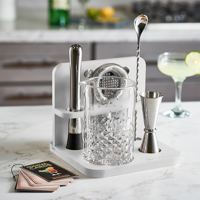 Crystal Cocktail Mixing Glass Set with Bamboo Stand - 22 Oz 650ml - Thick and Sturdy Bottom, Durable and Seamless Design with Bar Accessories