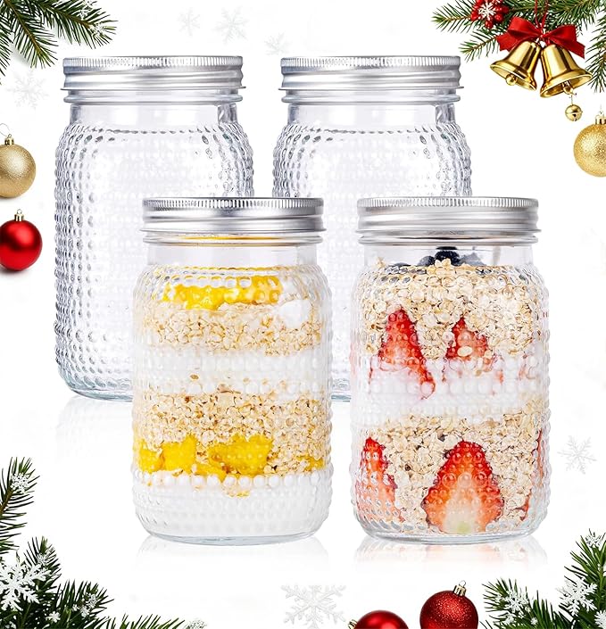 LUODA MirthMood 32 OZ Wide Mouth Mason Jars, 4 PACK Glass Mason Jars with airtight Lids, Quart mason jars wide mouth for Preserving, Meal Prep, Overnight Oats, Sauces,Honey, Jam, Yogurt or Jar Decor