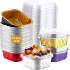 Aoriher 150 Pieces 10 oz Mini Cake Pans with Lids Aluminum Foil Baking Cups Square Disposable 4" x 4" Large Cupcake Cups Baking Tins for Kitchen Brownie Pudding Desserts Holders(Multicolor)