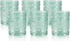 6 Pack Green Vintage Glassware Set, 10oz Textured Embossed Drinking Glasses, Colored Water Glasses, Green Glass Cups for Juice, Cocktails, Beer, Iced Tea, Soda