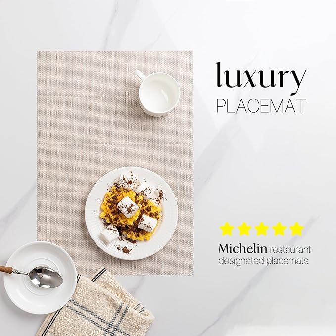 LEXMORE Placemats Set of 6 Vinyl/Plastic Woven Place Mats for Kitchen Table Indoor/Outdoor Washable Placemat Wipeable Dining Table Mats(Beige)