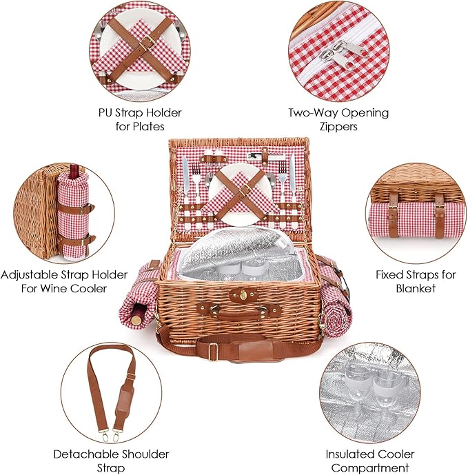 Picnic Basket for 2, Picnic Baskets with Waterproof Blanket, Picnic Hamper Set with Washable Beach Mat & Large Insulated Cooler Compartment, Handmade Natural Wicker Hamper for Camping, Outdoor Party