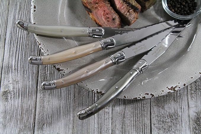 French Home Laguiole 4-Piece Steak Knife Set – Sophisticated Stainless Steel Dinner Knives with Handles of Neutral Tones & Iconic Bee Emblem – Serrated Knives for Smooth Cutting (9.25")