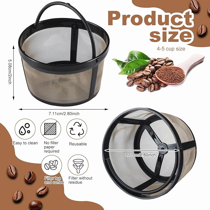 Maxdot 4 Packs Reusable Coffee Filters 4-5 Cup Replacement Mesh with Handle 2.8 x 3.1 x 2 Reusable Filter Basket Compatible with Mr. Coffee Most Coffeemakers Brewers Universa (Stainless Steel,Gold)