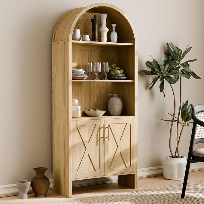 Arch Storage Cabinet with Beech-Wooden Door, 60” Cute Arched Display Cabinet, 4 Tier Farmhouse Buffet Cabinets with Storage for Dining Room, Living Room, Home Office or Kitchen (Oak)