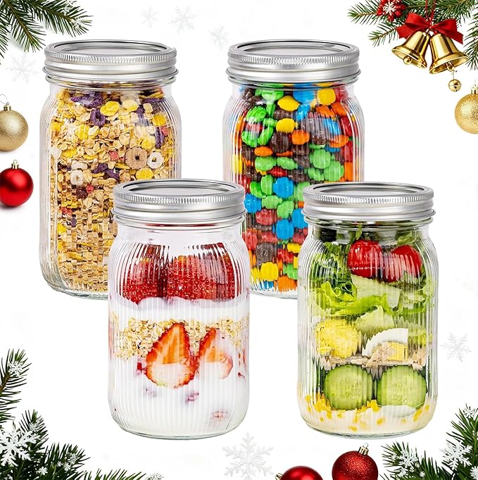 LUODA MirthMood 32 OZ Wide Mouth Mason Jars, 4 PACK Glass Mason Jars with airtight Lids, Quart mason jars wide mouth for Fermenting, Pickling, Freezing, Preserving, Meal Prep, Jar Décor