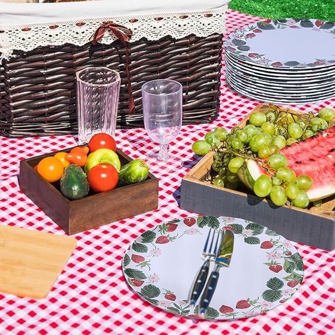 12-Piece Melamine Dinner Plates - 10 Inch Lightweight, Durable & Unbreakable Round Plates for Indoor/Outdoor Use - Strawberry