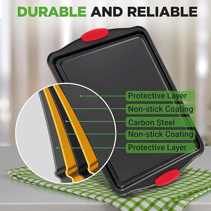 NutriChef 10-Piece Nonstick Kitchen Oven Baking Pans - Premium & Stylish Non-Stick Carbon Steel - Commercial Grade Restaurant Quality Metal Bakeware with Silicone Handles - Easy to Clean, NCSBS10S