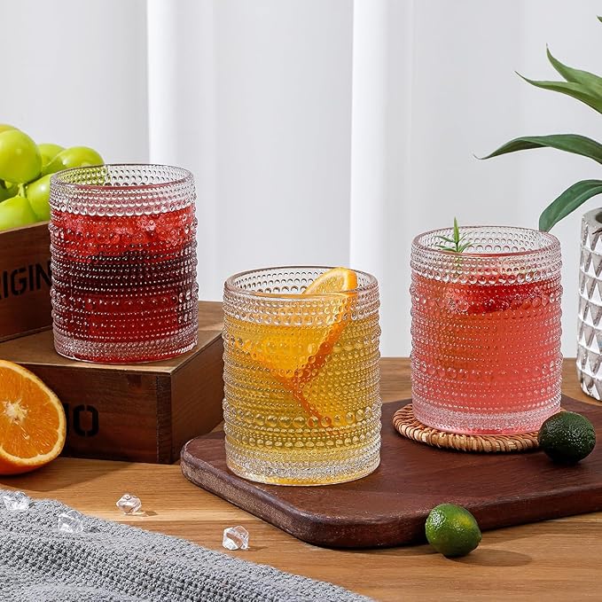 Hobnail Drinking Glasses Set of 6,12 oz Vintage Glassware Set Cocktail Glass Set, Embossed Clear Water Tumbler,for Beer, Whiskey,Juice and Various Mixed Drinks (12oz Clear)