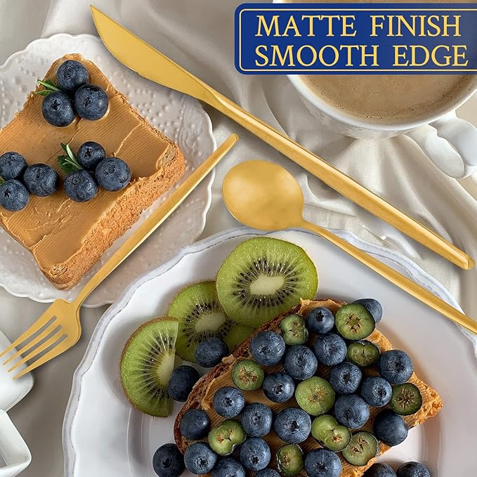 Gold Silverware Set, Stainless Steel Flatware Set for 6, 30-Pieces Cutlery Tableware set Include Spoons And Forks Set, Matte Gold Utensil Set, Stain Finish, Dishwasher Safe.