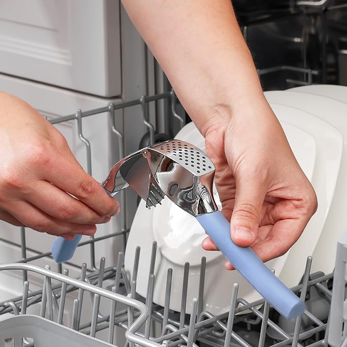 Zulay Kitchen Comfort Grip Garlic Press - Garlic Mincer Tool - Garlic Crusher - Garlic Press Mincer Rust Proof, with Soft Ergonomic Handle, Easy Clean Set with Peeler and Brush - Baby Blue