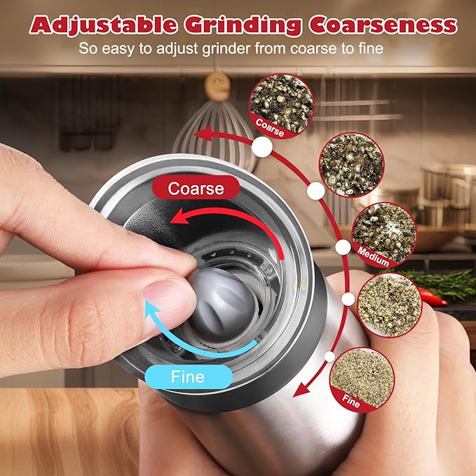 Electric Salt and Pepper Grinder Set: For Gravity Automatic Salt and Pepper Grinder Set with Light Adjustable Coarseness Sea Spice Shakers Stainless Steel Rechargeable Spice Peppercorn Mill