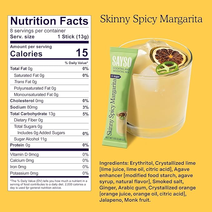 SAYSO Skinny Spicy Margarita Cocktail Sticks | Craft Cocktail or Mocktail in 1 Min, Just Add Water + Spirits (0g Sugar, 15 Calories, Vegan, Gluten-Free, Kosher, Non-GMO), 8 Single-Serve Mixers