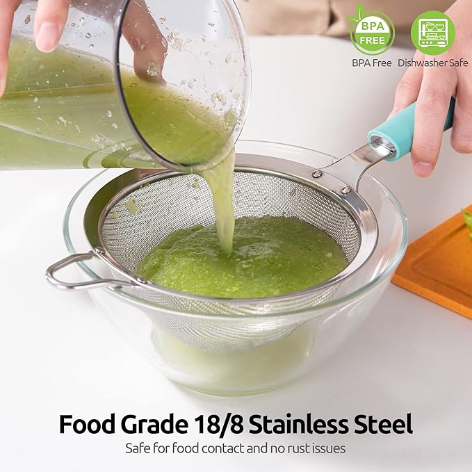 18/8 Stainless Steel Mesh Strainer: U-Taste 5.5 Inch Kitchen Fine Mesh Sieve Food Colander with Riveted Sturdy Silicone Handle and 30 Mesh Hole for Straining Flour, Pasta, Fruit, Quinoa(Aqua Sky)