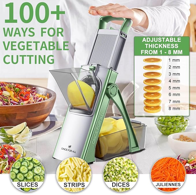 ONCE FOR ALL Upgrade Safe Mandoline Slicer Plus, Adjustable Vegetable Food Chopper Potato Fries French Fry Cutter, Detachable Blade, Kitchen Chopping Artifact, New Kitchen Gift JS03 Green