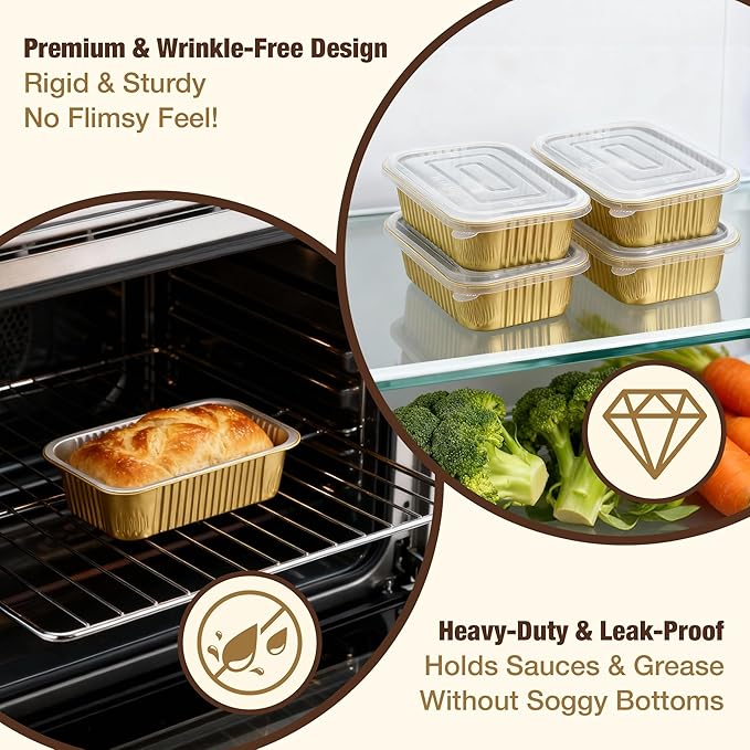 Aluminum Foil Pan with Lids,Heavy Duty Aluminum Pan, Disposable Aluminum Pans,Gold Foil Pans, Deep Container for Heating, Baking, Cooking,BBQs,Parties,Storing,Catering(31.4oz 15 Pack w/Lids)