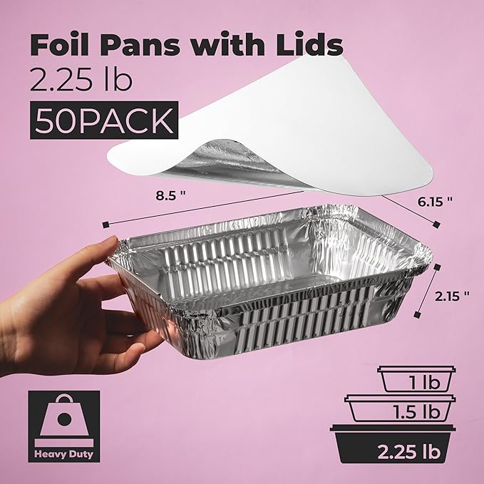 Fit Meal Prep 50 Pack 2.25 lb Aluminum Foil Pans with Lids, Disposable Take Out Food Containers with lids for Freshness and Spill Proof, 8.5 x 6 x 2 Disposable Cookware for Catering, Restaurants