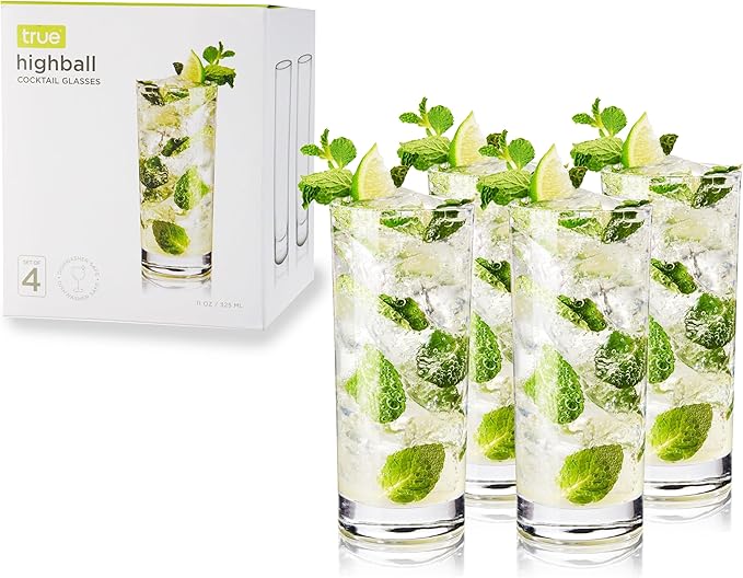 True Highball Glasses, Tall Glass Tumbler for Cocktails, Mojito Iced Tea Juices, Soda Water Drinking Cups, Kitchen Glassware, Home Bar, 11 oz Set of 4