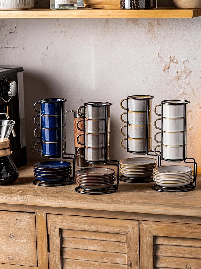 Gomakren 2.5 Ounce Espresso Cups Set of 4, Small Stackable Coffee Cups with Saucers and Metal Stand, Halloween Porcelain Demitasse Cups for Specialty Coffee Drinks, Espresso, Cappuccino, Latte, White