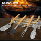Grilling Accessories Anniversary Birthday Gifts for Dad/Husband, Heavy Duty Wooden BBQ Kit with Apron for Backyard, Thick Stainless Steel Grill Utensils with Non-Slip Handle Tools in Portable Bag