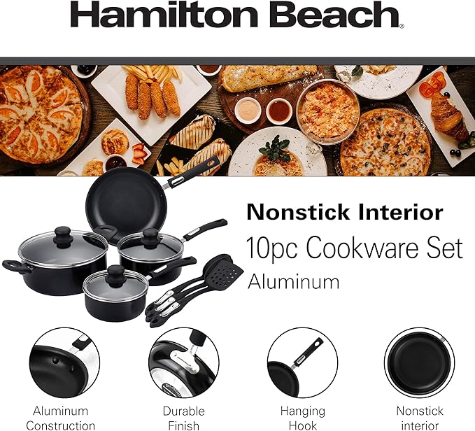 Hamilton Beach Aluminum Covered Cookware Set, Nonstick Saucepan Frypan, Dutch Oven with Soft Touch Bakelite Handle, | Spiral Bottom- Multipurpose Use | Durable & Dishwasher Safe |10pc, Black |