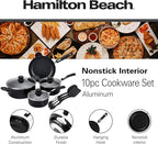 Hamilton Beach Aluminum Covered Cookware Set, Nonstick Saucepan Frypan, Dutch Oven with Soft Touch Bakelite Handle, | Spiral Bottom- Multipurpose Use | Durable & Dishwasher Safe |10pc, Black |