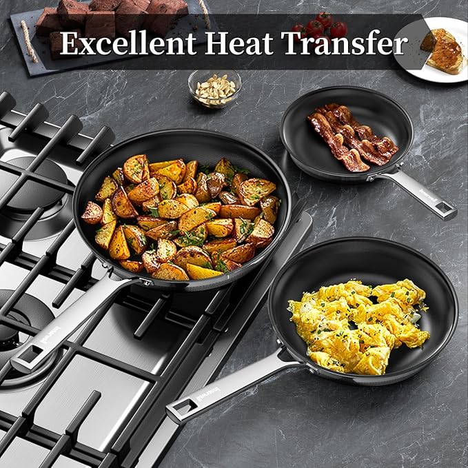 Innerwell Nonstick Ceramic Frying Pan Set,8inch&9.5inch&11inch Stainless Steel Frying Pan Skillet W/Glass Lid,Titanium Ceramic Omelet Pans,Kitchen Cooking Pan Set, Compatible W/All Cooktops