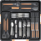 Homecor Silverware Organizer - Expandable Large Kitchen Drawer Organizer Utensil Organizer with 2 Removable Knife Blocks, 22"x 19"Cutlery Tray Drawer Dividers for Kitchen Flatware(6-9 Slots) (Black)