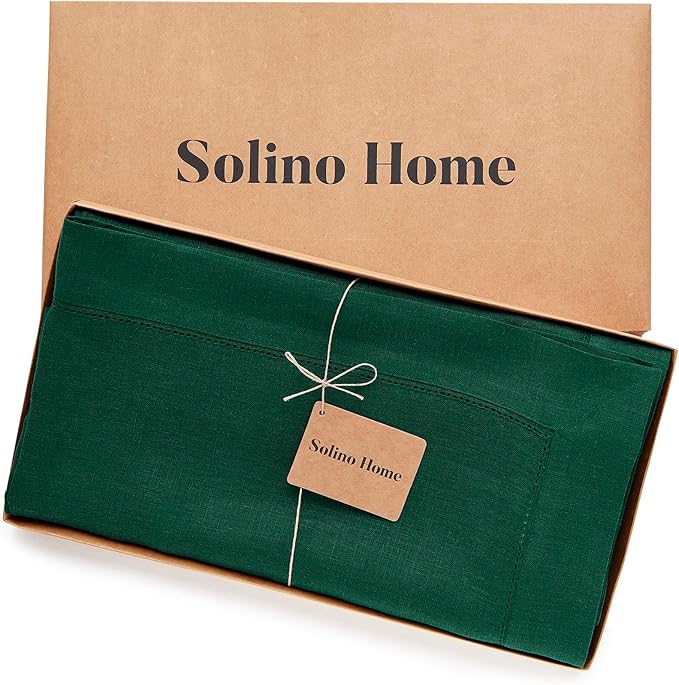 Solino Home Linen Tablecloth for Rectangle Tables 60 x 156 Inch - Classic Hemstitch 100% Pure Linen Rainforest Green Table Cloth - Machine Washable Cloth Tablecloth for Fall, Autumn