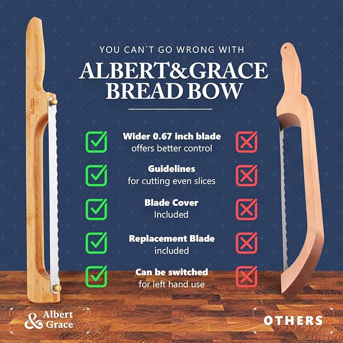 Albert&Grace Bread Bow Pro Knife – Serrated High-Carbon Blade with Sheath & Extra Blade, Thumbscrew Mount for Easy Swap, Right- or Left-Hand Use, Ideal for Sourdough & Bagels